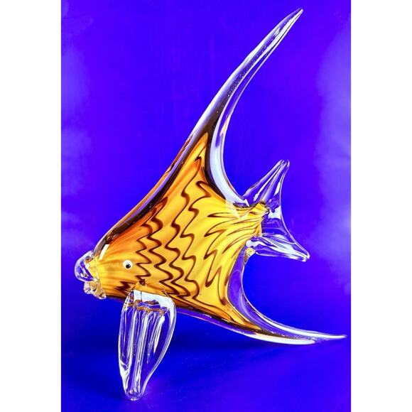 Murano Style Art Glass Sculpture Angel Fish 11” Tall Yellow Orange Tangerine - Picture 2 of 9